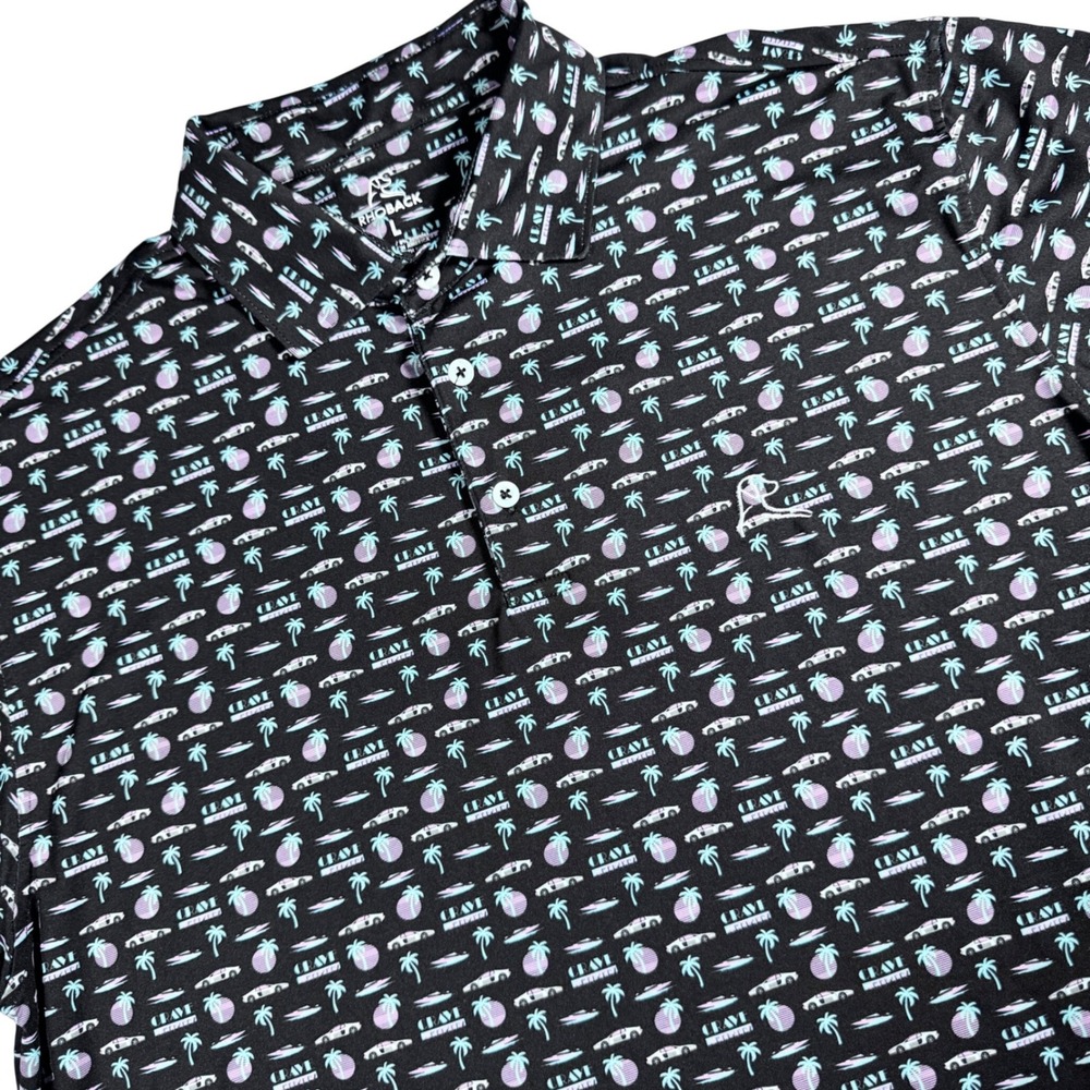 Rhoback Crave Golf Polo Shirt Mens L Black Palm Tree Car Miami Vice Performance